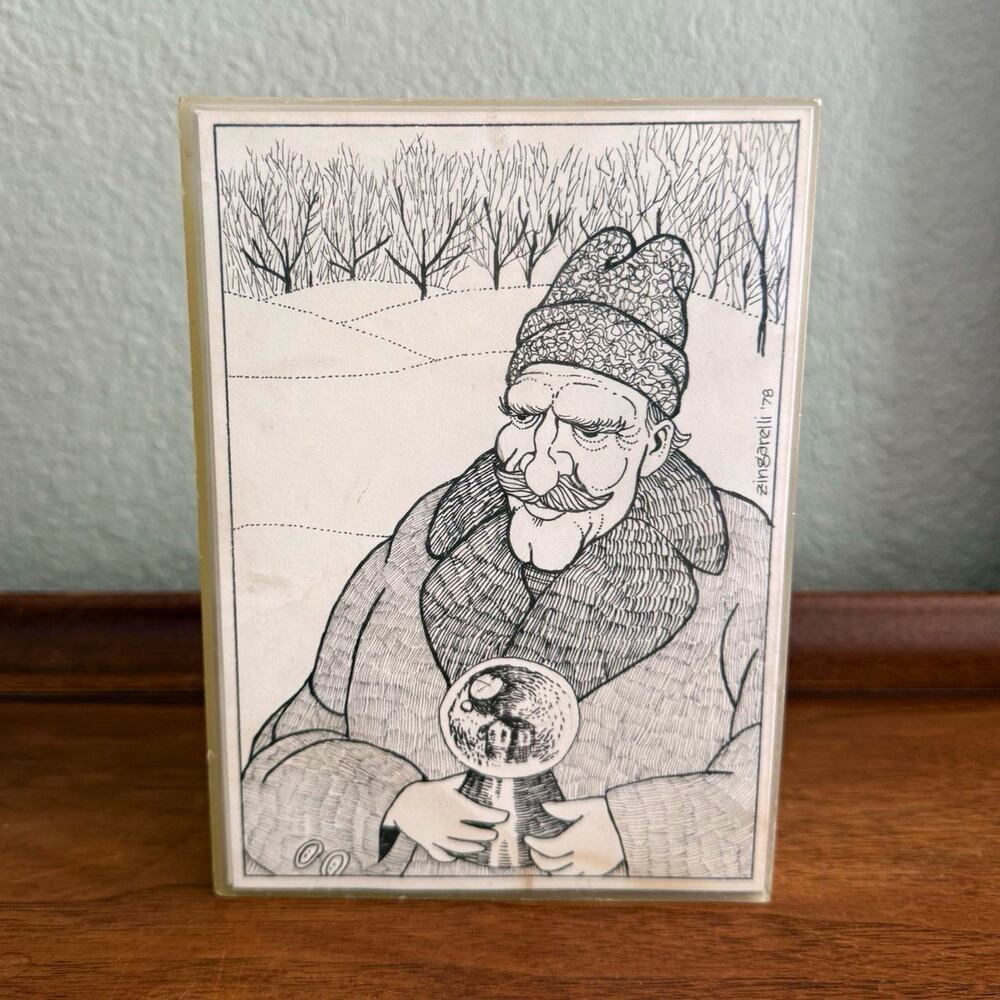 Zingarelli 1978 Framed Signed B&W Portrait Illustration Print Man Trees 7x5